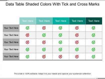 Data table shaded colors with tick and cross marks