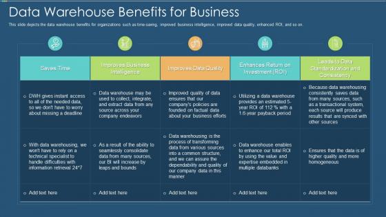 Data warehouse it data warehouse benefits for business ppt slides clipart images