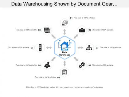Data warehousing shown by document gear and cloud icon
