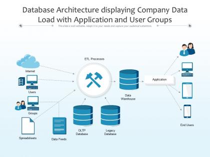 Database architecture displaying company data load with application and user groups infographic template