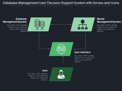 Database management user decision support system with arrows and icons