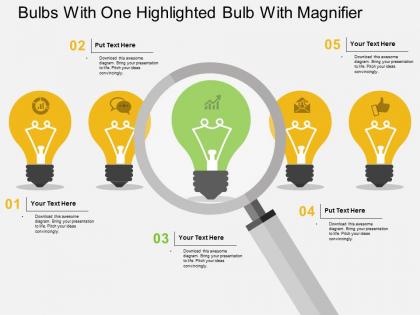 Dc bulbs with one highlighted bulb with magnifier flat powerpoint design