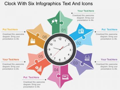 Dc clock with six infographics text and icons flat powerpoint design