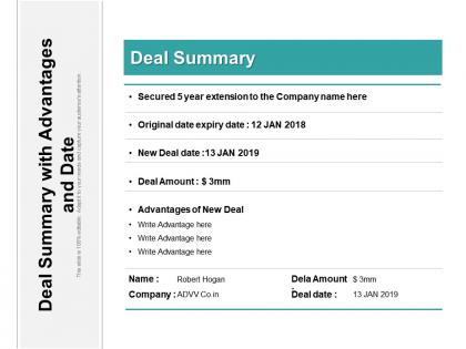 Deal summary with advantages and date