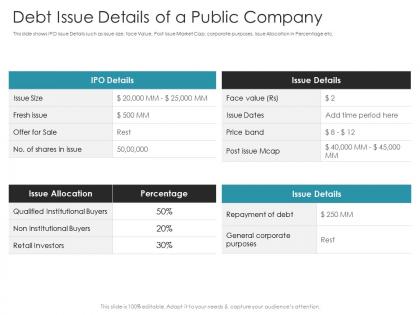 Debt issue details of a public company pitch deck raise debt ipo banking institutions ppt elements