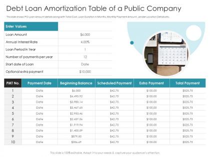 Debt loan amortization table of a public company ppt themes
