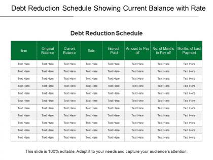 Debt reduction schedule showing current balance with rate