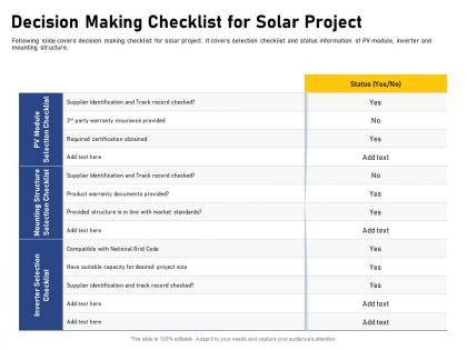 Decision making checklist for solar project checked ppt powerpoint presentation pictures