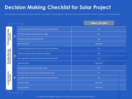 Decision making checklist for solar project code ppt powerpoint layouts visuals