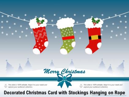 Decorated christmas card with stockings hanging on rope