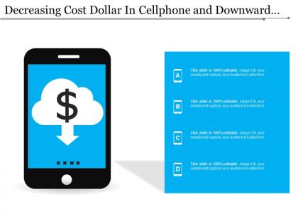 Decreasing cost dollar in cellphone and downward arrow
