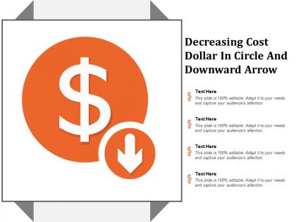 Decreasing cost dollar in circle and downward arrow