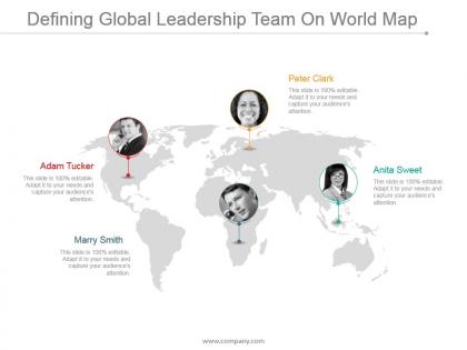 Defining global leadership team on world map ppt images