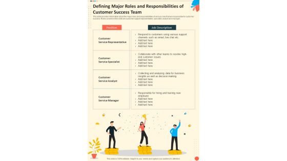 Defining Major Roles And Responsibilities Of Customer Success One Pager Sample Example Document