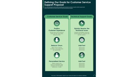 Defining Our Goals For Customer Service Support Proposal One Pager Sample Example Document