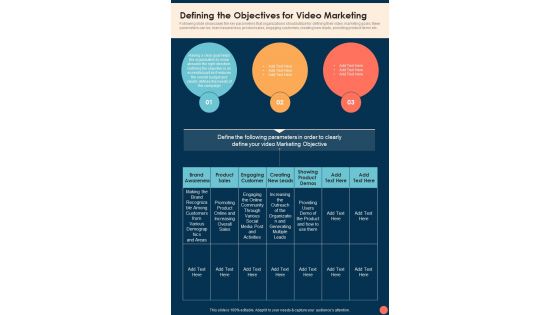 Defining The Objectives For Video Marketing One Pager Sample Example Document