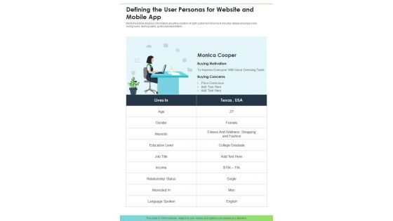 Defining The User Personas For Website And Mobile App One Pager Sample Example Document