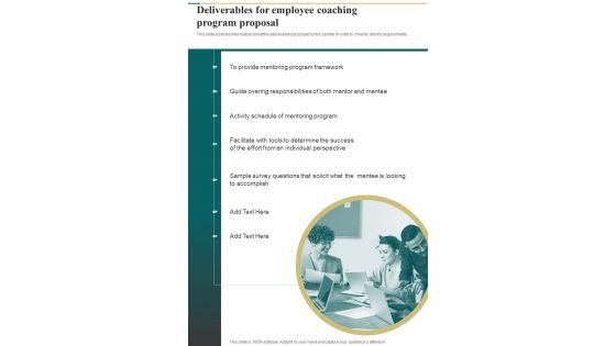 Deliverables For Employee Coaching Program Proposal One Pager Sample Example Document