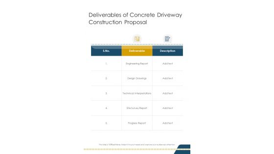 Deliverables Of Concrete Driveway Construction Proposal One Pager Sample Example Document