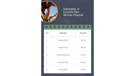 Deliverables Of Concrete Patio Services Proposal One Pager Sample Example Document