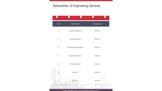 Deliverables Of Engineering Services One Pager Sample Example Document