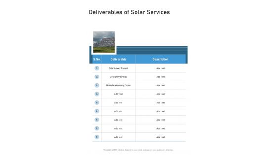 Deliverables Of Solar Services One Pager Sample Example Document