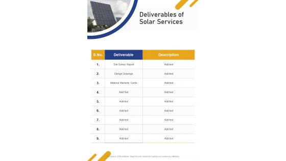 Deliverables Of Solar Services Solar Panel Installation Proposal One Pager Sample Example Document