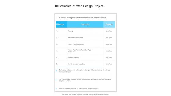 Deliverables Of Web Design Project One Pager Sample Example Document