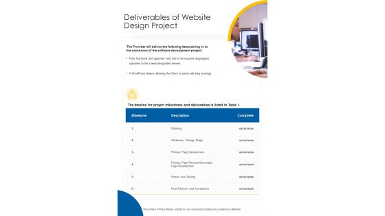 Deliverables Of Website Design Project One Pager Sample Example Document