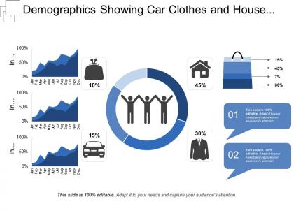Demographics showing car clothes and house with statistics and percentage