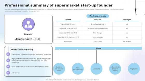 Department Store Business Plan Professional Summary Of Supermarket Start Up Founder BP SS V
