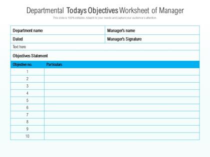 Departmental todays objectives worksheet of manager