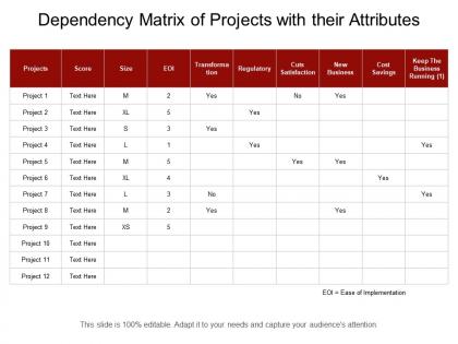 Dependency matrix of projects with their attributes