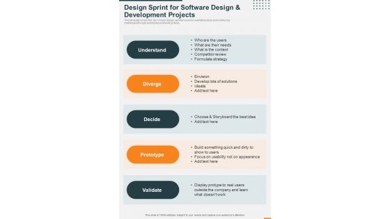 Design Sprint For Software Design And Development Projects One Pager Sample Example Document
