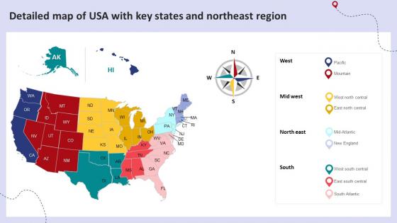 Detailed Map Of USA With Key States And Northeast Region