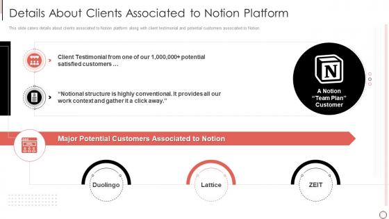 Details about clients associated to notion platform notion investor funding elevator pitch deck