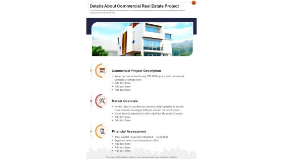 Details About Commercial Real Estate Project One Pager Sample Example Document