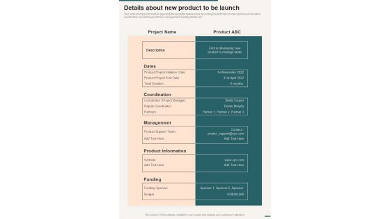 Details About New Product To Be Launch One Pager Sample Example Document