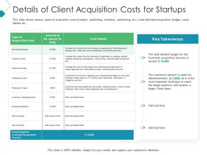 Details of client acquisition costs for startups client acquisition costing for acquiring ppt icons