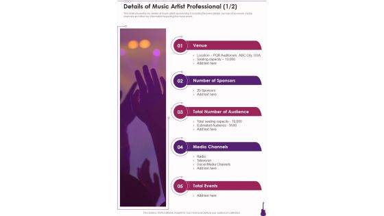 Details Of Music Artist Professional One Pager Sample Example Document