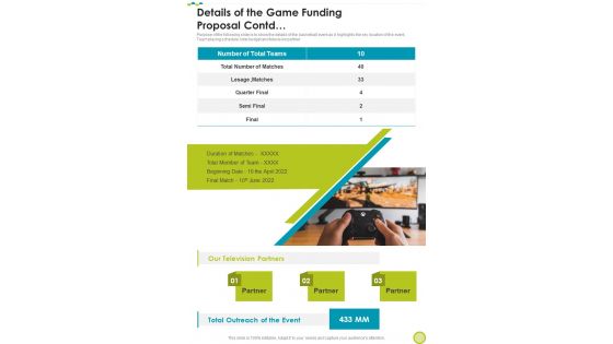 Details Of The Game Funding Proposal One Pager Sample Example Document
