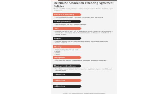 Determine Association Financing Agreement Policies One Pager Sample Example Document