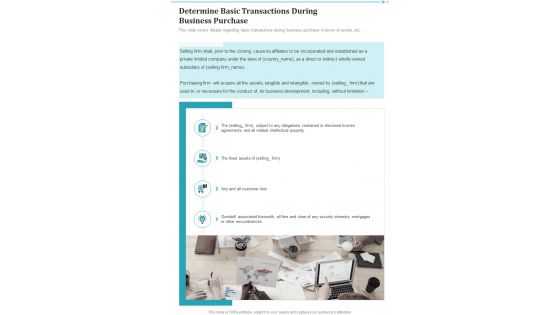 Determine Basic Transactions During Business Purchase One Pager Sample Example Document