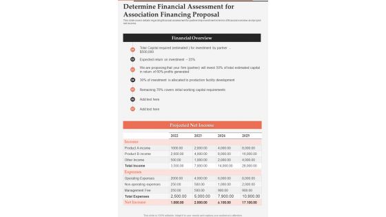 Determine Financial Assessment For Association Financing One Pager Sample Example Document