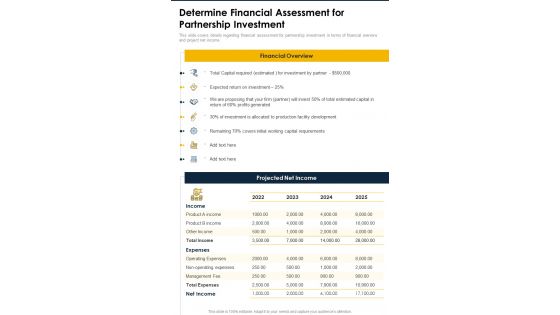 Determine Financial Assessment For Partnership Investment One Pager Sample Example Document