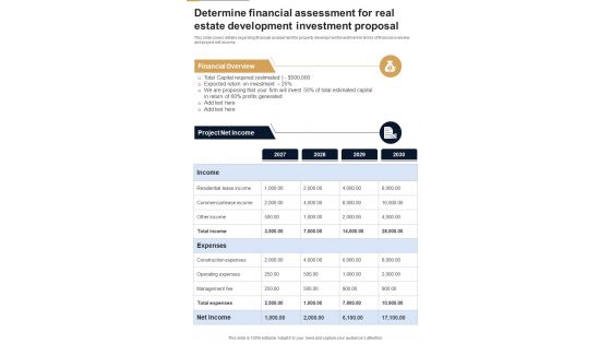 Determine Financial Assessment For Real Estate Development One Pager Sample Example Document
