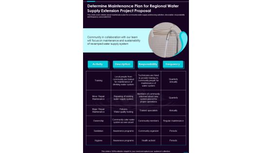 Determine Maintenance Plan For Regional Water Supply One Pager Sample Example Document
