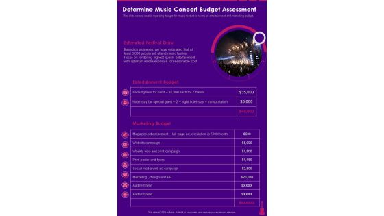 Determine Music Concert Budget Assessment One Pager Sample Example Document