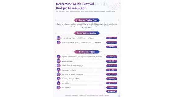 Determine Music Festival Budget Assessment One Pager Sample Example Document
