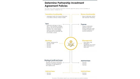 Determine Partnership Investment Agreement Policies One Pager Sample Example Document